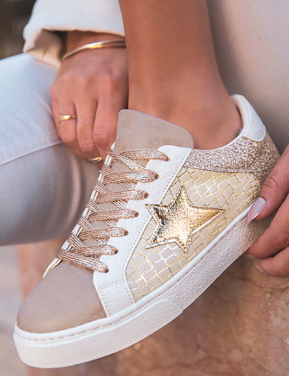 Gold 70%PVC+30%PU Gold Glitter Star Patchwork PU Leather Lace-up Sneakers | Sneakers Daverri Fashions
