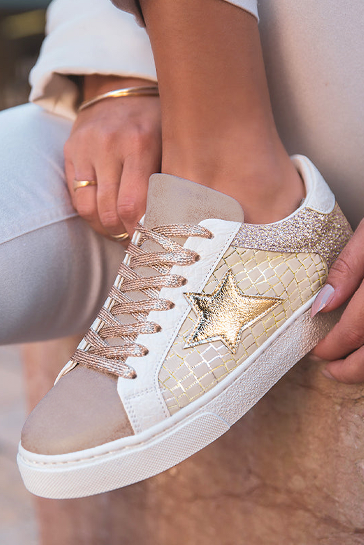 Gold 70%PVC+30%PU Gold Glitter Star Patchwork PU Leather Lace-up Sneakers | Sneakers Daverri Fashions