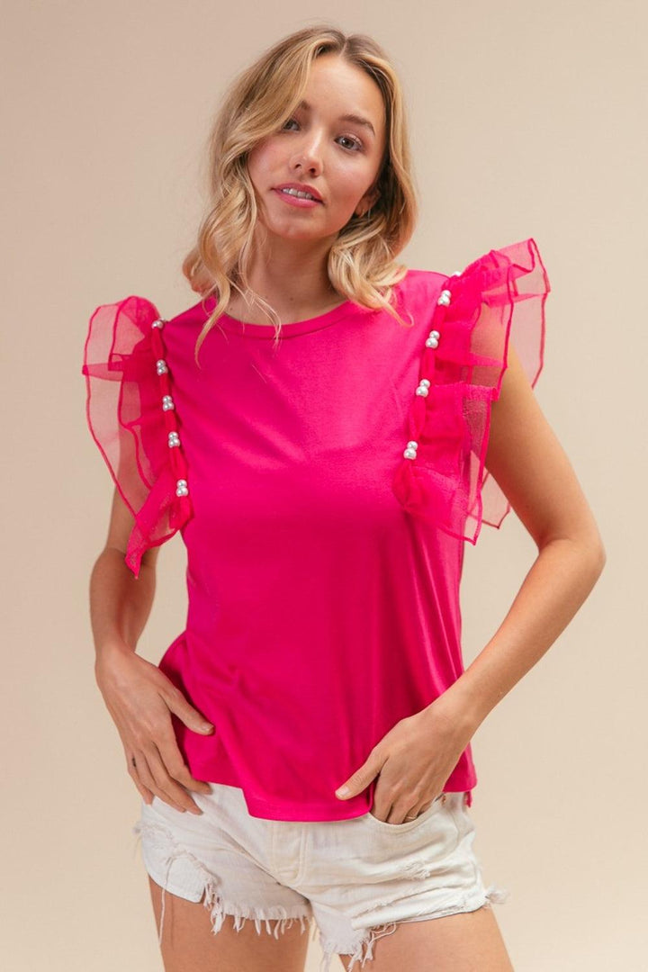 BiBi Pearl Decor Mesh Ruffle Sleeve Top Shirts & Tops