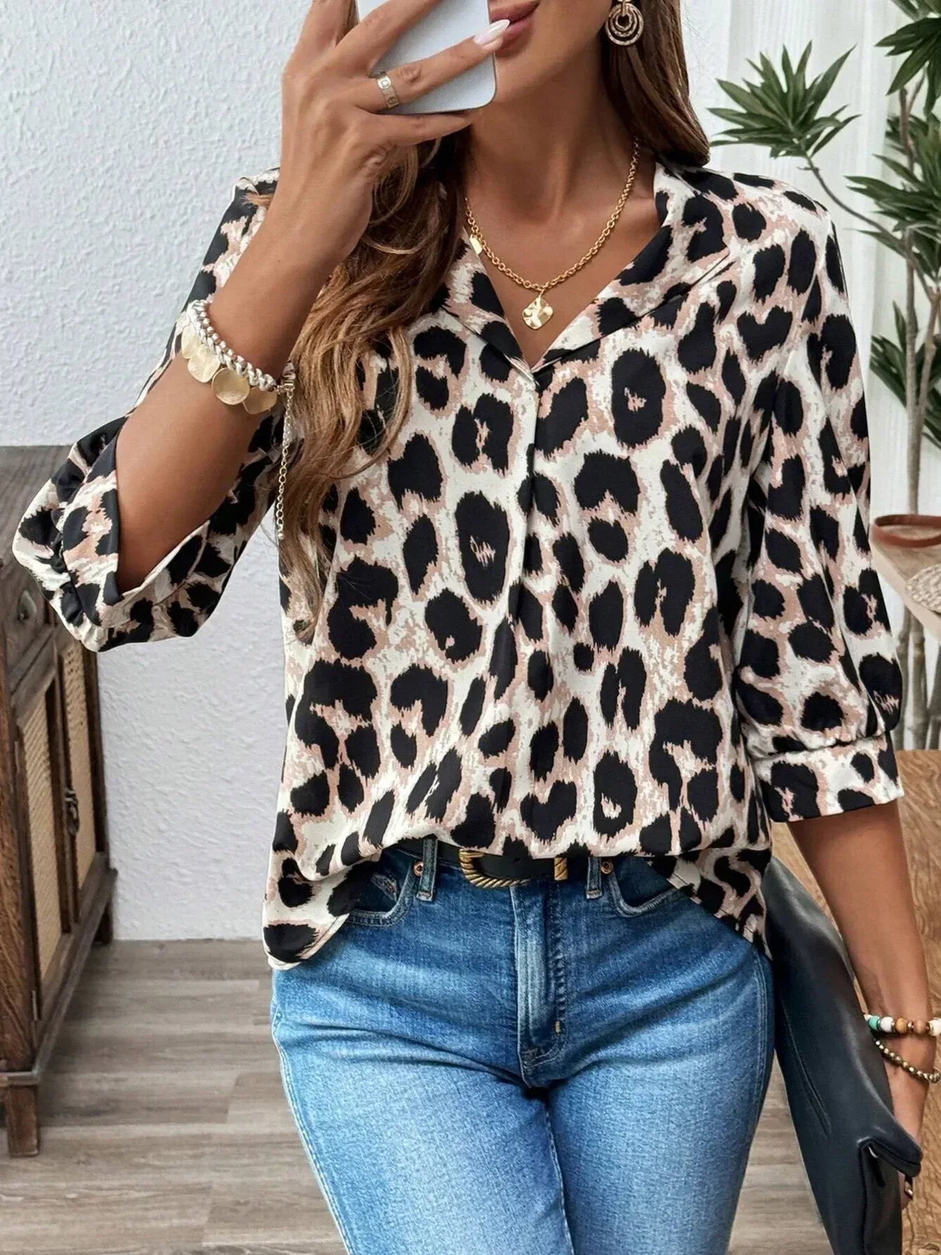 Leopard Print 3/4 Sleeve Blouse - DAVERRI FASHIONS