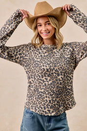 BiBi Leopard Print Washed Waffle Thermal Top with Thumb | Knit Tops Daverri Fashions