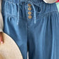 Daverri drawstring elastic waist wide leg blue denim jeans with wooden buttons