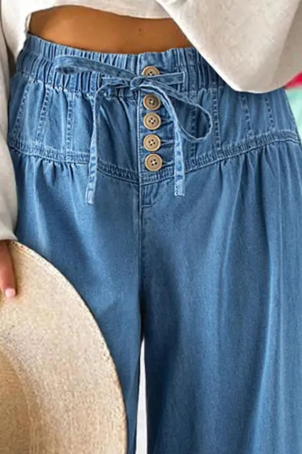 Daverri drawstring elastic waist wide leg blue denim jeans with wooden buttons
