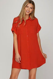 She + Sky Full Size Button Down Short Sleeve Woven Shirt Dress Plus Size Deep Red S