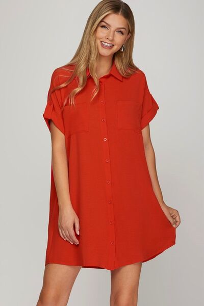 She + Sky Full Size Button Down Short Sleeve Woven Shirt Dress Plus Size Deep Red S