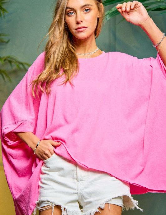 Solid Round Neck Loose Fit Kimono Sleeve Sweater Azalea Pink Sweaters