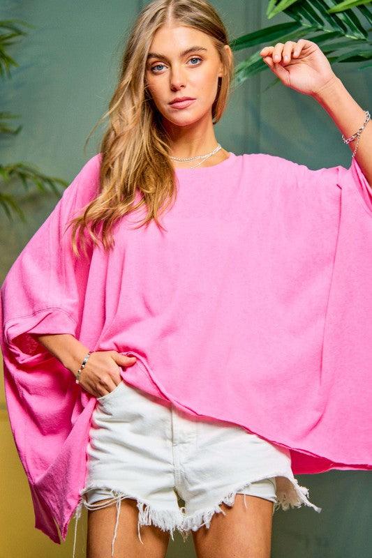 Solid Round Neck Loose Fit Kimono Sleeve Sweater Azalea Pink Sweaters