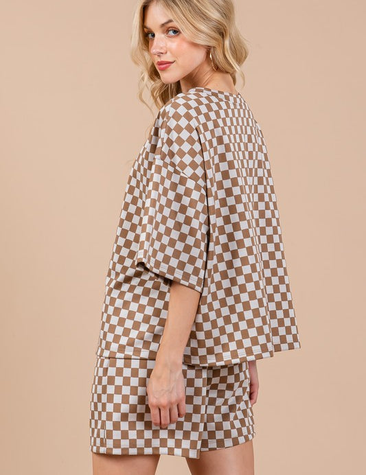 Ces Femme Checkered Round Neck Top and Shorts Set