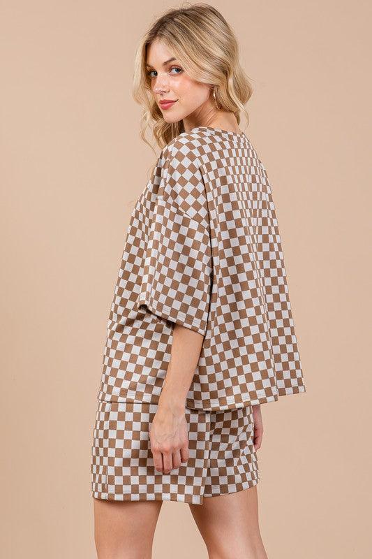 Ces Femme Checkered Round Neck Top and Shorts Set Short Sets