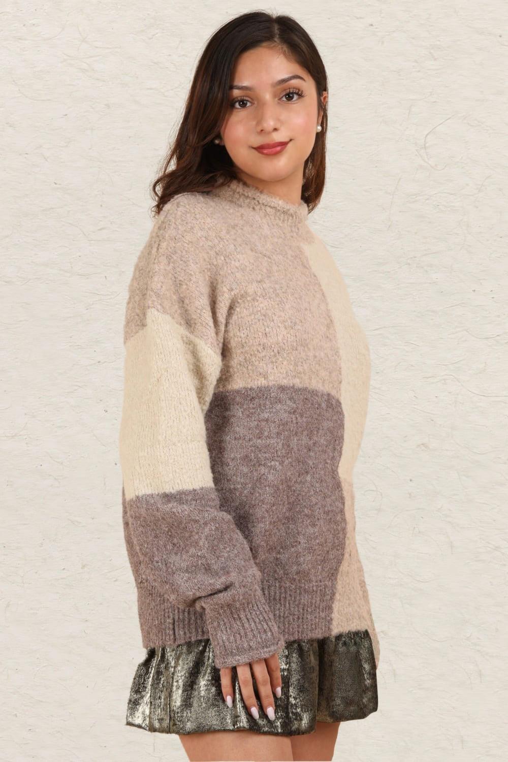 VERY J Color Block Mock Neck Drop Shoulder Sweater Sweaters