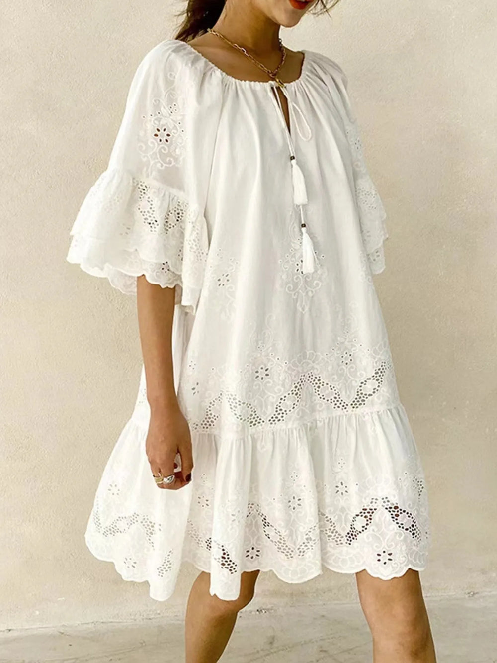 Eyelet Embroidered Tassel Tie Neck Dress | Mini Dresses Daverri Fashions