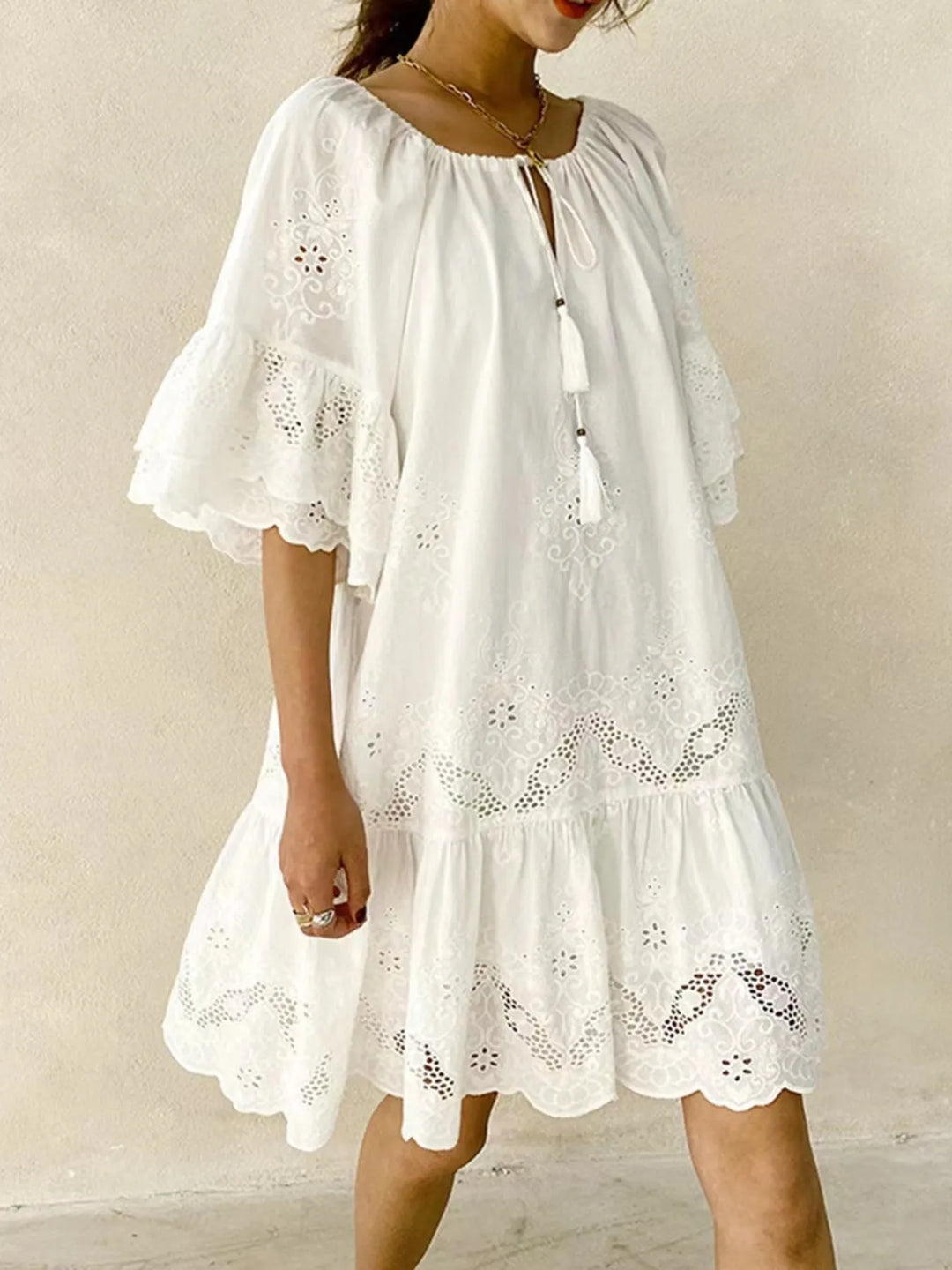 Eyelet Embroidered Tassel Tie Neck Dress | Mini Dresses Daverri Fashions