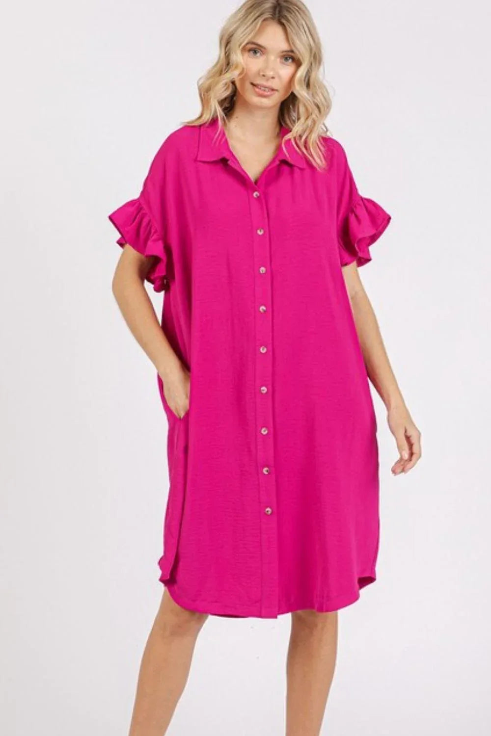 Mittoshop Button Down Flounce Sleeve Dress with Pockets - DAVERRI FASHIONS