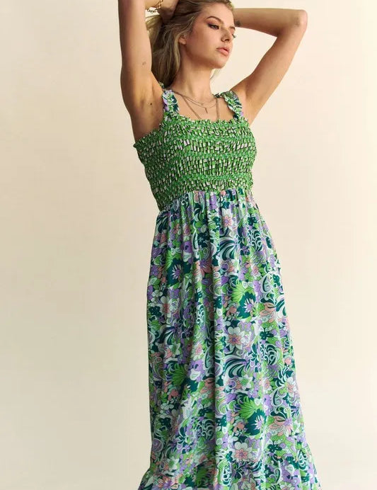 Davi & Dani Multi Smocked Bodice Geo Ruffle Strappy Midi Dress | Midi Dresses Daverri Fashions