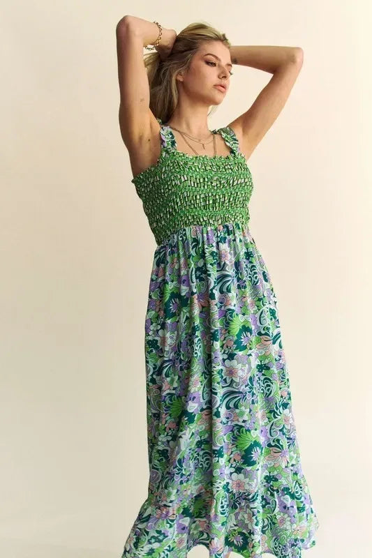Davi & Dani Multi Smocked Bodice Geo Ruffle Strappy Midi Dress - DAVERRI FASHIONS