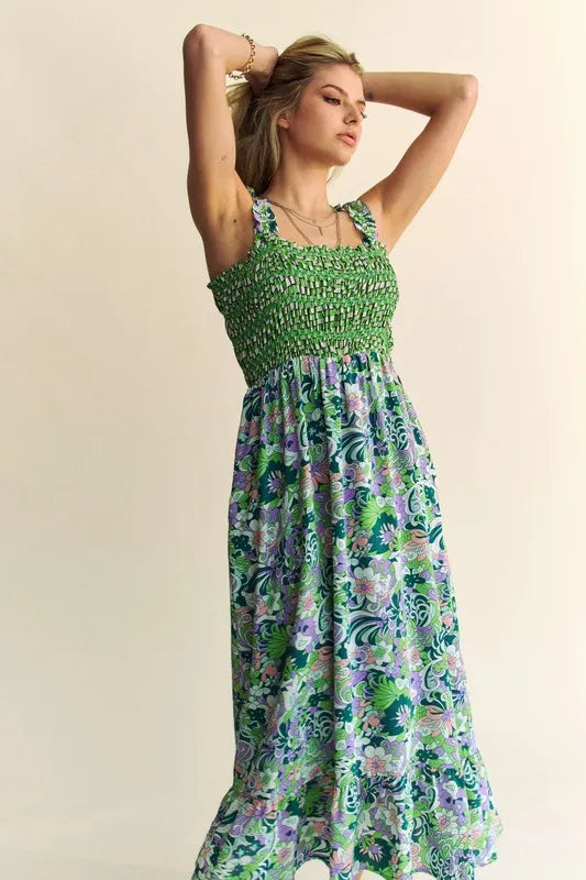 Davi & Dani Multi Smocked Bodice Geo Ruffle Strappy Midi Dress Midi Dresses