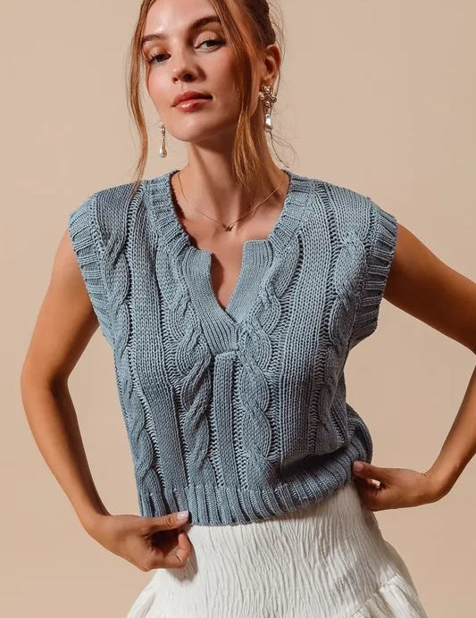 DENIM SO ME Notched Neck Cable Knit Sweater Vest | Sweater Vests Daverri Fashions
