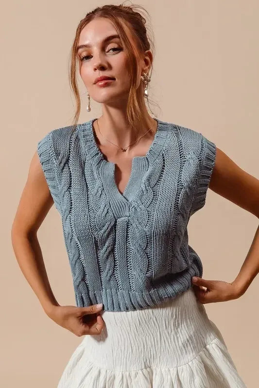 SO ME Notched Neck Cable Knit Sweater Vest - DAVERRI FASHIONS