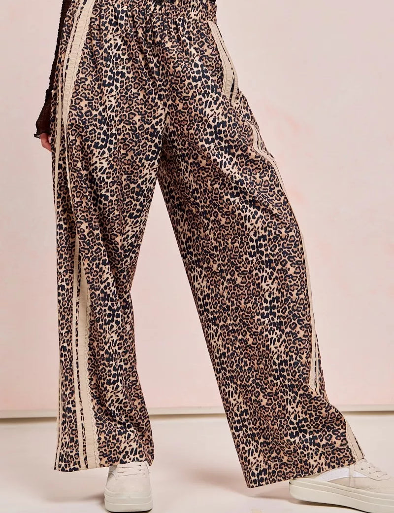 BiBi Leopard Printed Track Pants with Side Contrast Lace | Loungewear Bottoms Daverri Fashions
