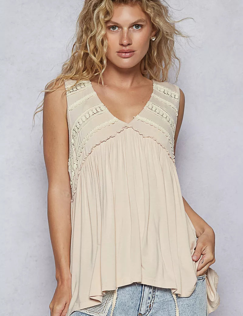 POL Lace Trim Babydoll Sleeveless Top with Ruffled and Raw Edge Detail | Tops Daverri Fashions