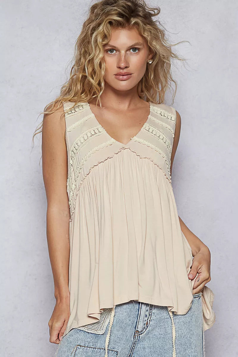 POL Lace Trim Babydoll Sleeveless Top with Ruffled and Raw Edge Detail | Tops Daverri Fashions