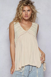 POL Lace Trim Babydoll Sleeveless Top with Ruffled and Raw Edge Detail | Tops Daverri Fashions