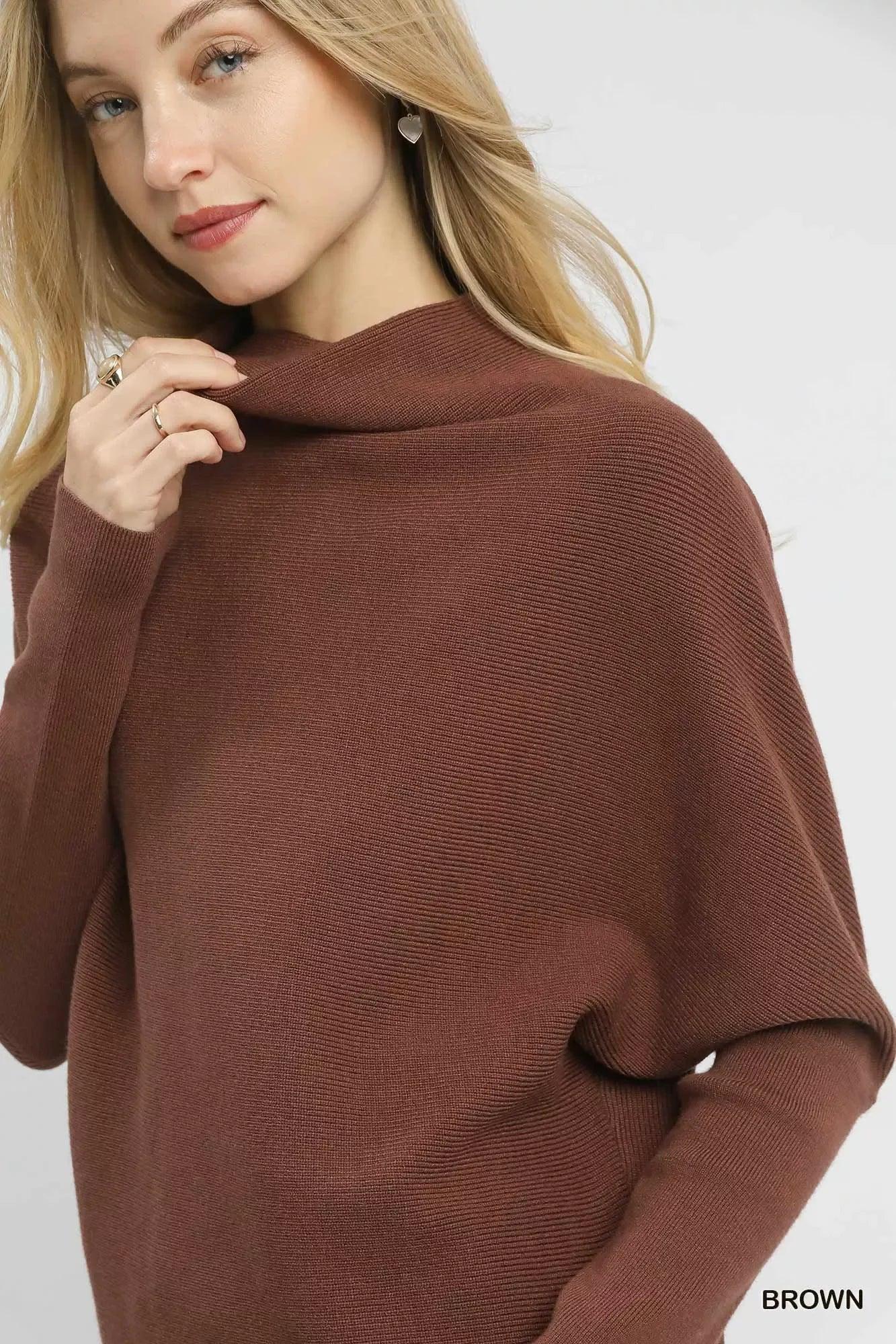 Umgee Draped Turtleneck Long Sleeve Knit Top - DAVERRI FASHIONS