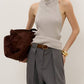 Backless turtleneck sweater tank in light gray ribbed knit halter-neck style