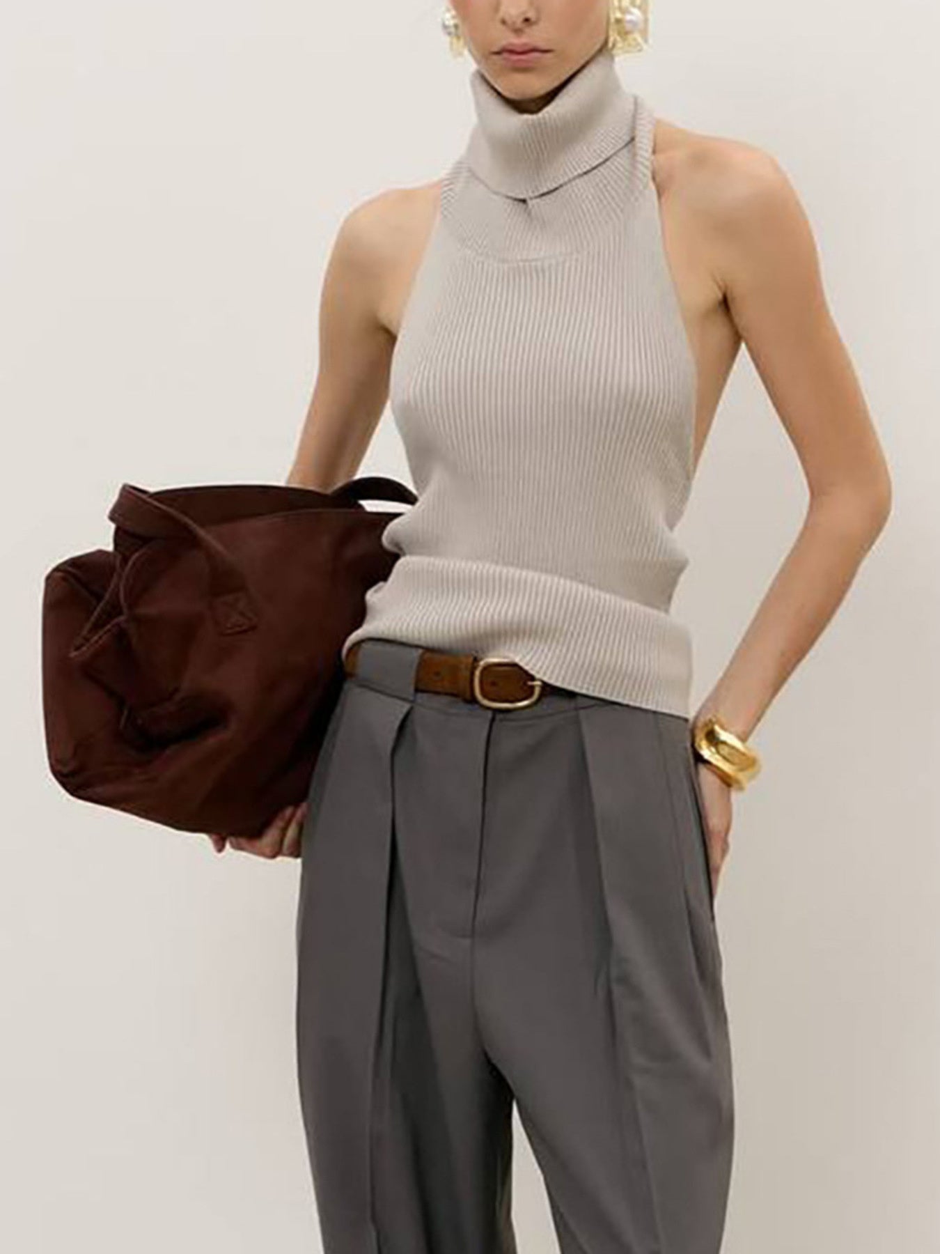 Backless turtleneck sweater tank in light gray ribbed knit halter-neck style