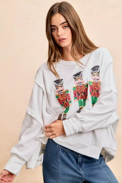 BiBi Christmas Sequin Nutcrackers Embroidery Sweatshirt - DAVERRI FASHIONS
