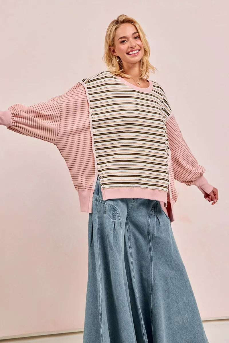 BiBi Stripe Mixed Top With Cut Edge And Reverse Outseam | Sweatshirts Daverri Fashions