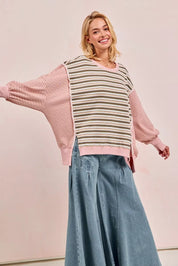 BiBi Stripe Mixed Top With Cut Edge And Reverse Outseam | Sweatshirts Daverri Fashions