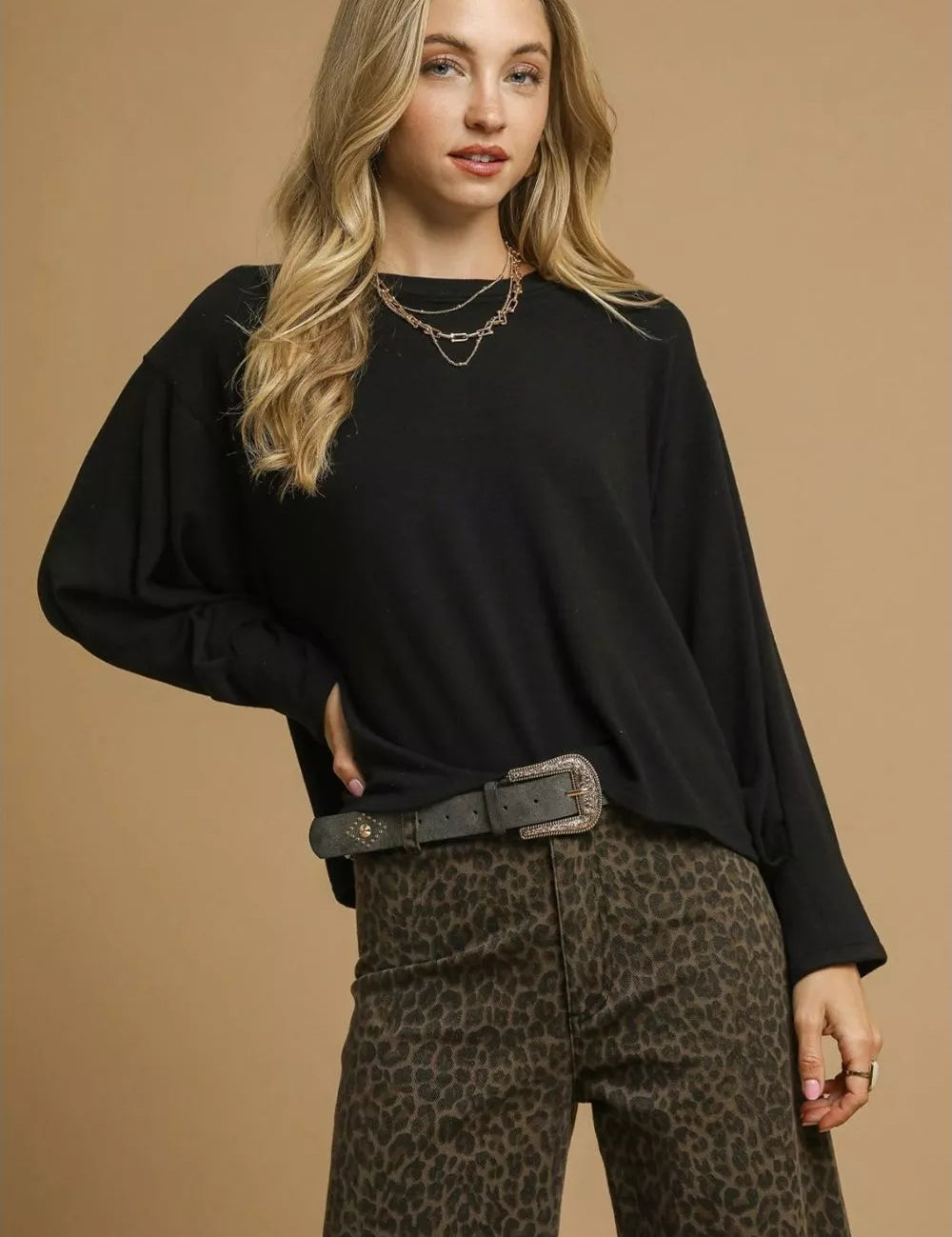 Black Umgee Brushed Fleeve Crewneck Top | Tops Daverri Fashions