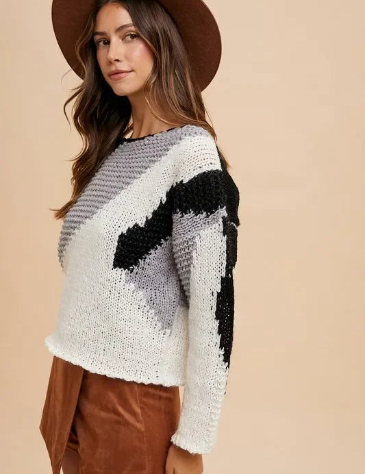 White and black geometric Annie Wear drop shoulder sweater