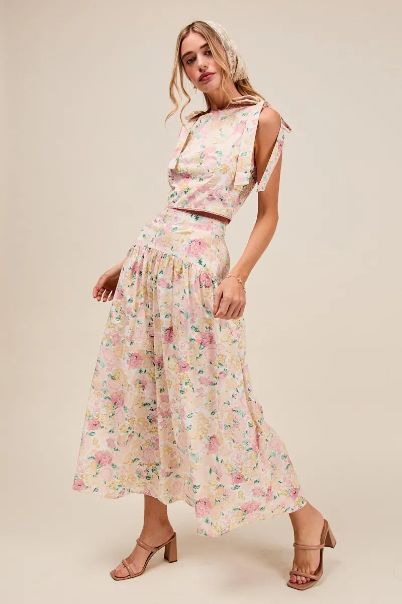 SO ME Floral Printed Woven Shoulder Bow Tie Top and Skirt Set Outfit Sets