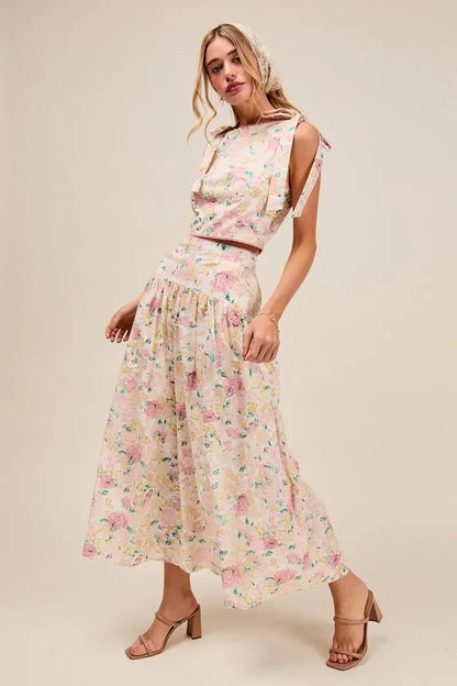 SO ME Floral Printed Woven Shoulder Bow Tie Top and Skirt Set - DAVERRI FASHIONS
