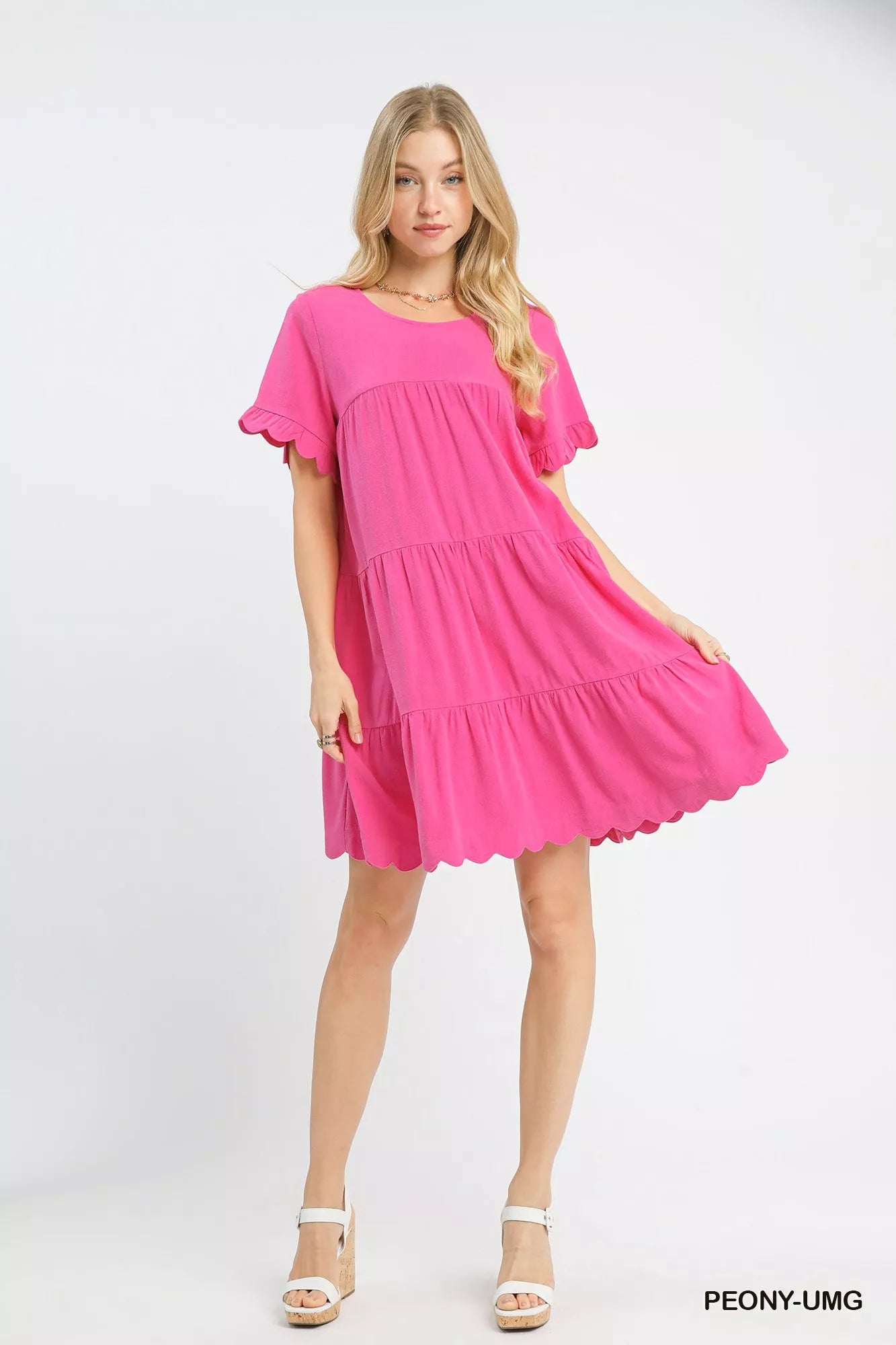 Vibrant pink Umgee linen tiered babydoll dress with ruffle sleeves