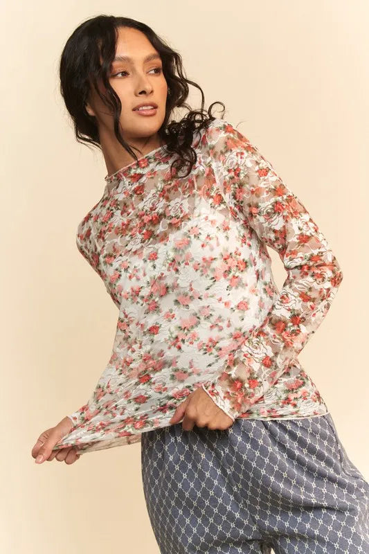 Davi & Dani Floral Print Mesh Long Sleeve Layering Top