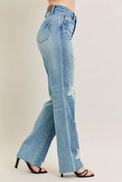 Judy Blue Full Size High Waist Rigid Magic Star Shaped Destroy 90's Straight Jeans Plus Size | Jeans Daverri Fashions
