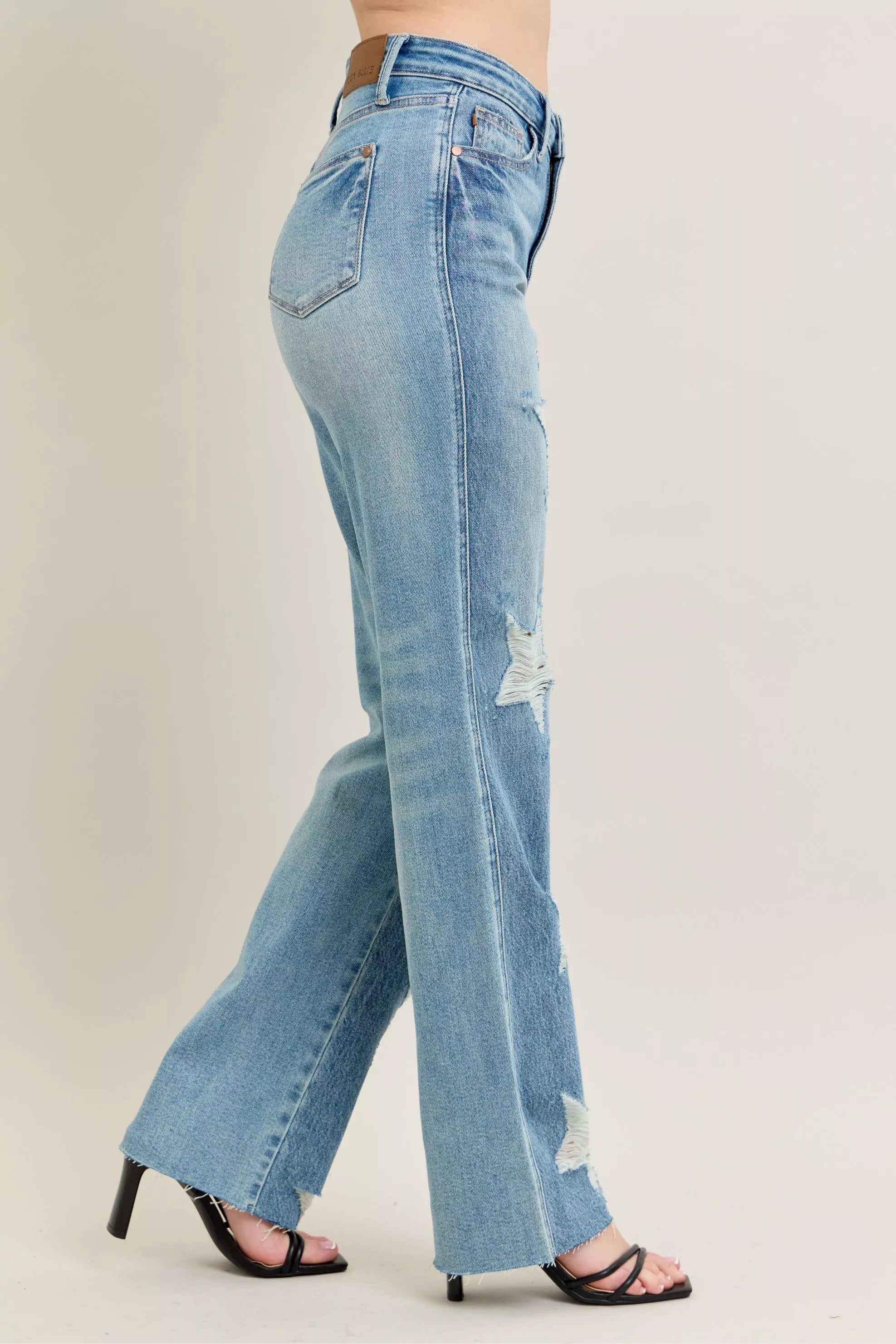 Judy Blue Full Size High Waist Rigid Magic Star Shaped Destroy 90's Straight Jeans Plus Size | Jeans Daverri Fashions