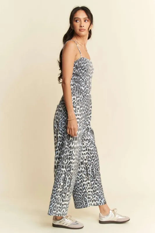 Davi & Dani Leopard Spaghetti Straps Wide Leg Jumpsuit Jumpsuits