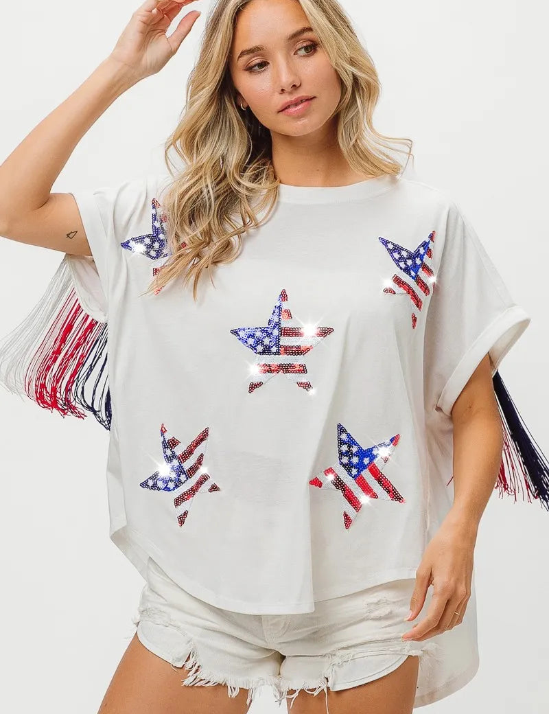 BiBi American Flag Sequin Star Fringe Top | Tops Daverri Fashions
