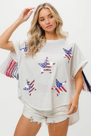BiBi American Flag Sequin Star Fringe Top | Tops Daverri Fashions