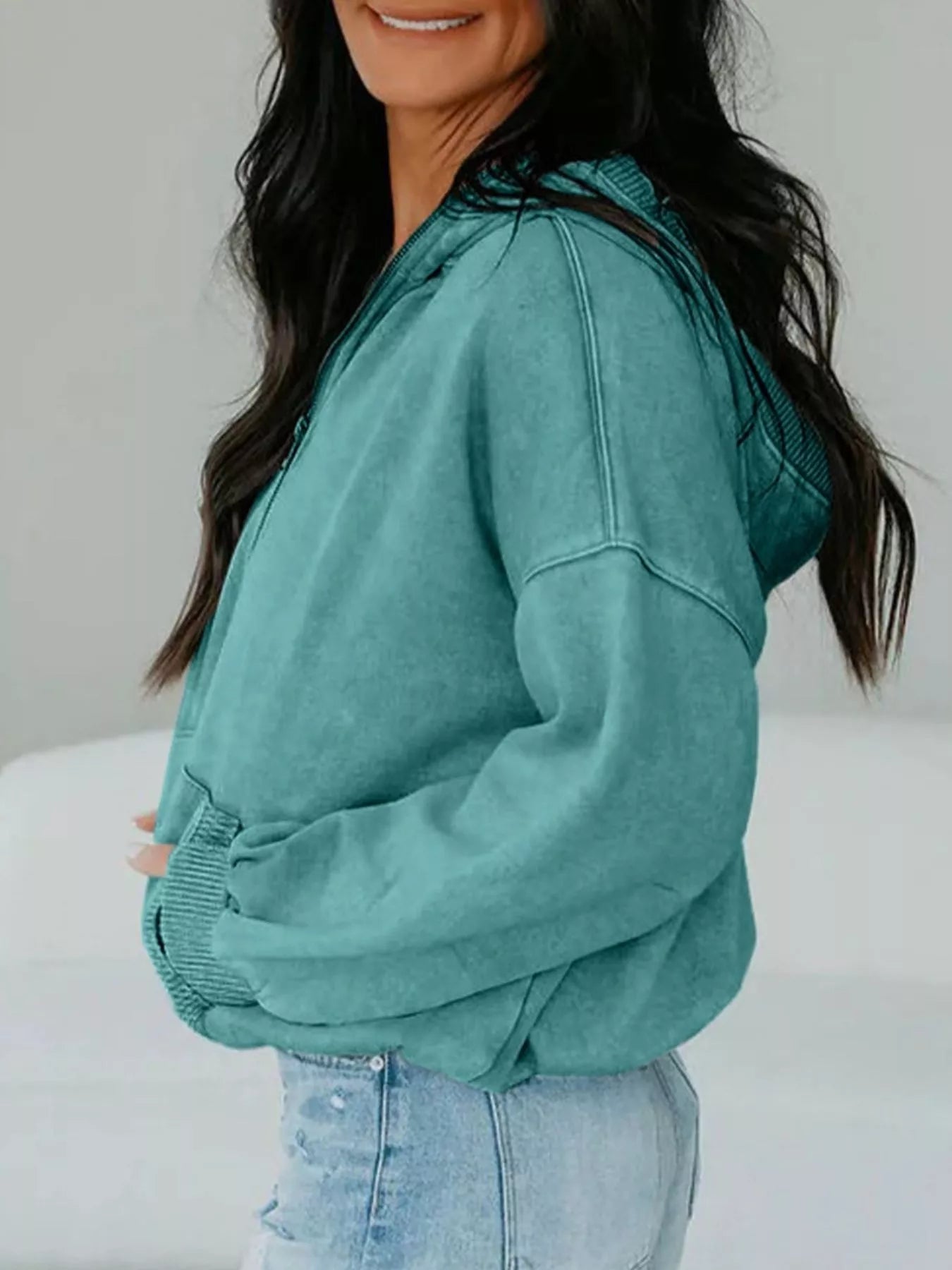 Teal mineral wash baggy hoodie for women with half zip and kangaroo pocket