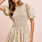 BiBi Floral Bow Tie Attachable Puff Sleeves Dress in soft cream floral pattern