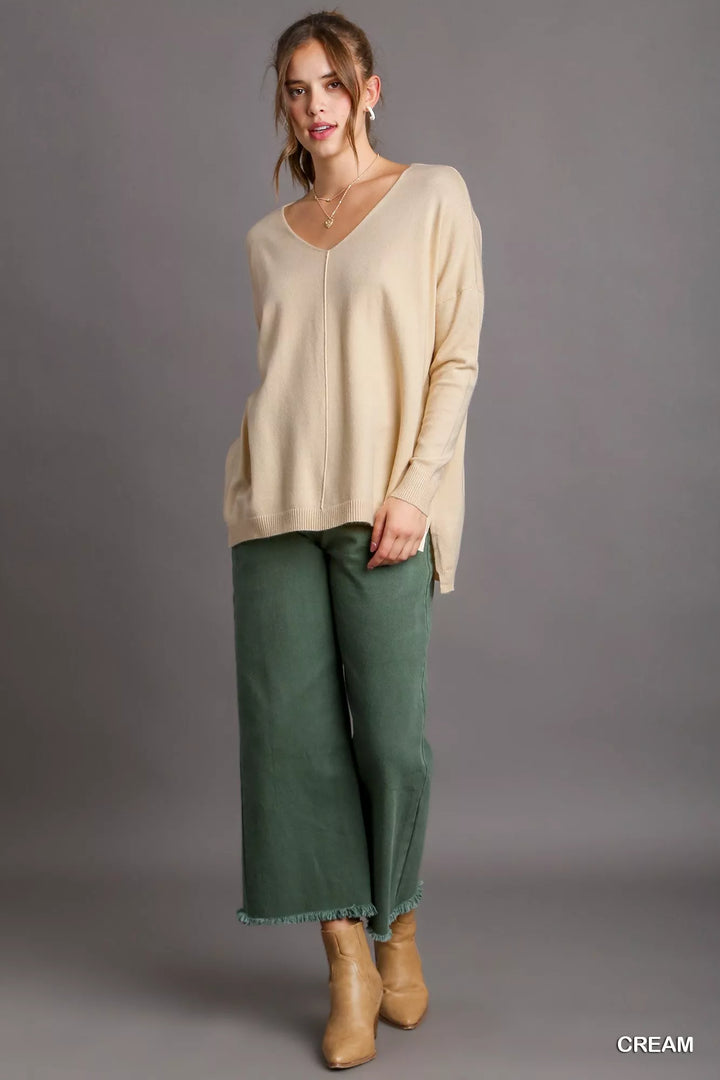 Umgee V-Neck High Low Hem Knit Top with Side Slit | Knit Tops Daverri Fashions
