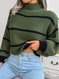 Olive green and black striped ribbed turtleneck sweater, plus size