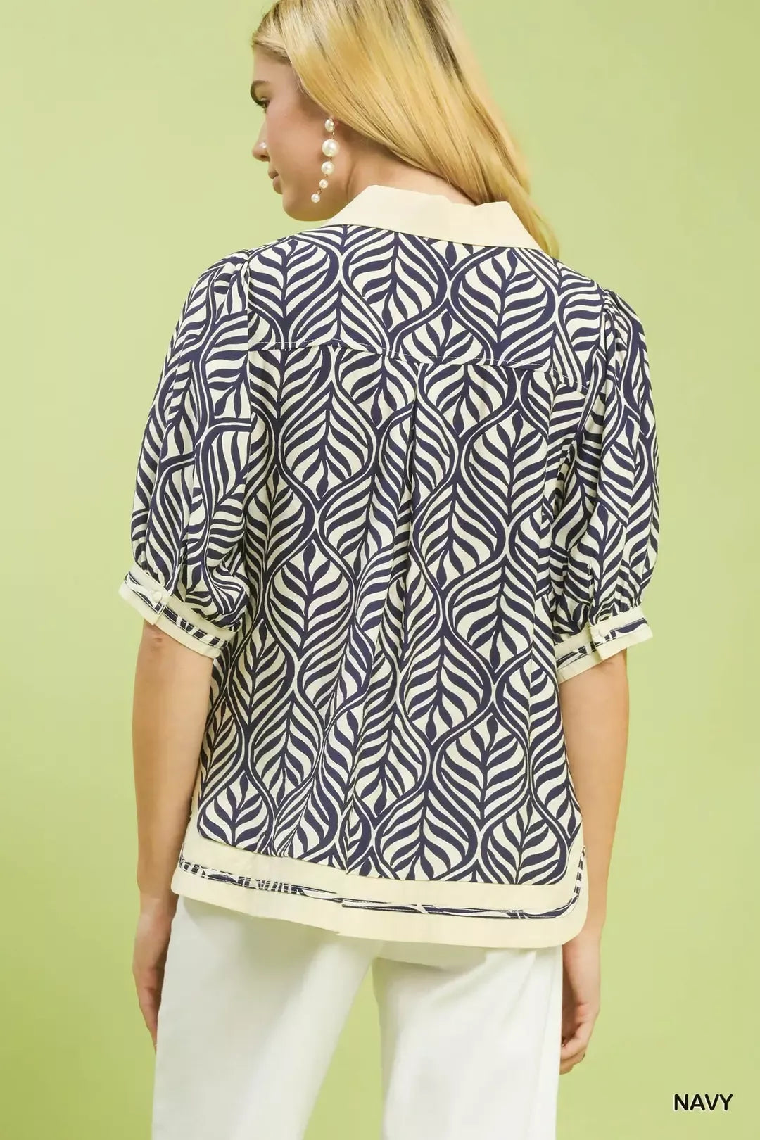 Umgee Geometric Leaf Print Popover Top in navy and cream with puffed sleeves