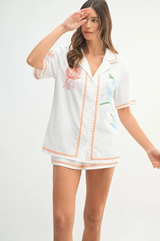 MABLE Embroidered Button Down Shirt and Shorts Set Outfit Sets