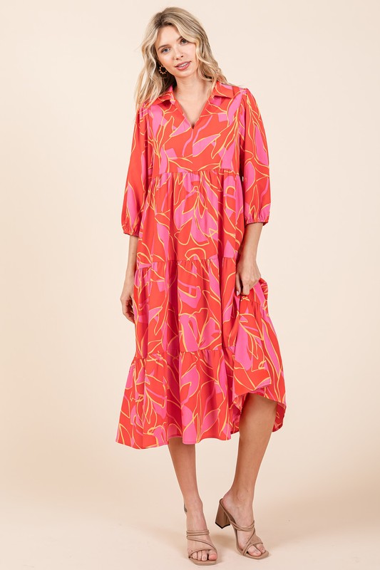 Mittoshop Tiered Printed Collared Neck Midi Dress Coral Mid Dresses